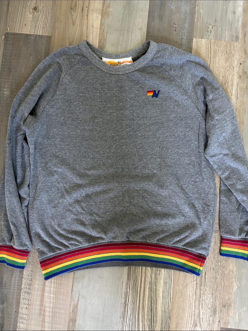 Aviator Nation Gray Crewneck Sweatshirt with Rainbow Trim